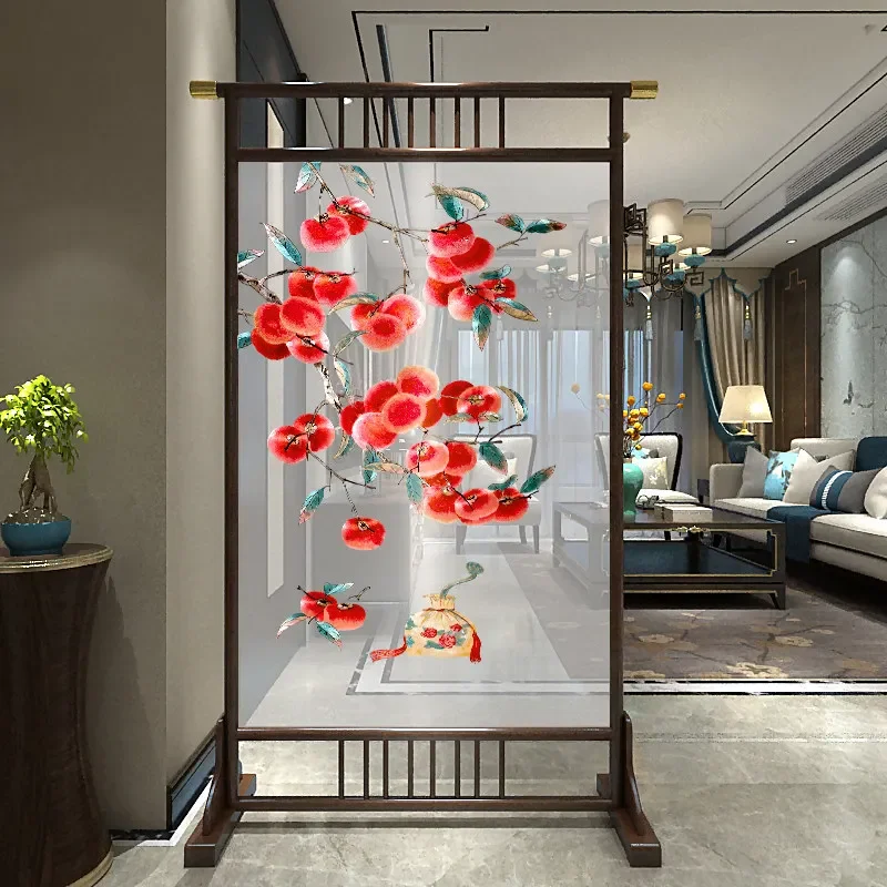 Solid wood partition entrance to the door, double-sided embroidered screen living room