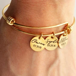 New Custom Name Round Pendant Personalized Adjustable Stainless Steel Bracelet with Engraved Letter 1--5 Names Bangle Jewelry