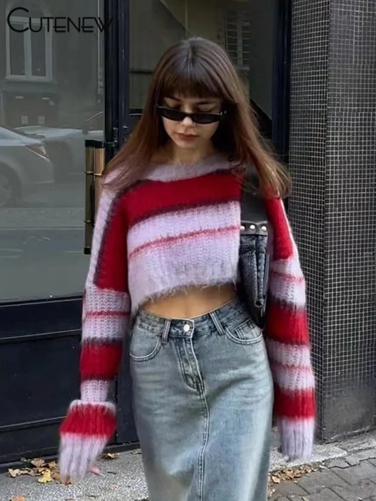 Cutenew Women Knitted Stripe Patchwork Sweater Winter Loose Colorful O-neck Full Sleeve Bare Midriff Panelled Croped Tops Hot