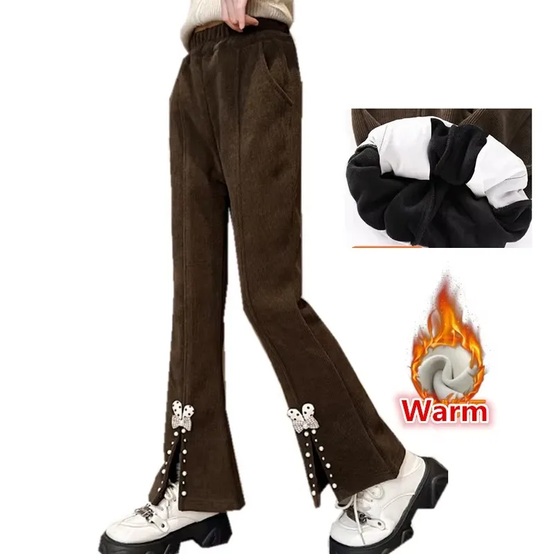 

Winter Child Thermal Flare Pants With Bows For Girl Black Brown Color Thicken Insulated Trousers With Pearls For Kids Age 5-14Y