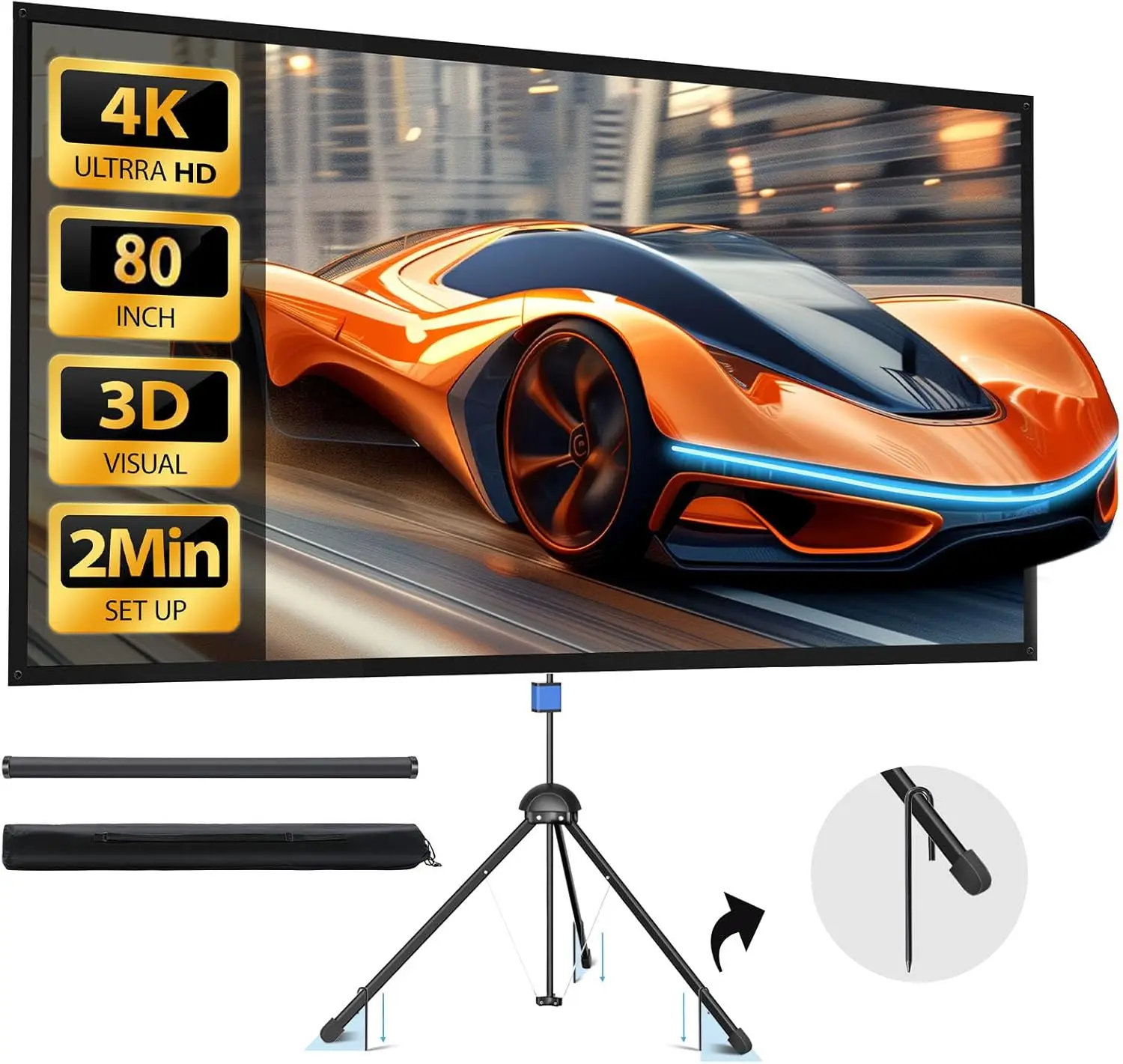 

80-дюймовый 4K HD экран для проектора из ПВХ с подставкой - 16:9, коэффициент усиления 1.5, для использования в помещении/на улице, в комплекте сумка для переноски