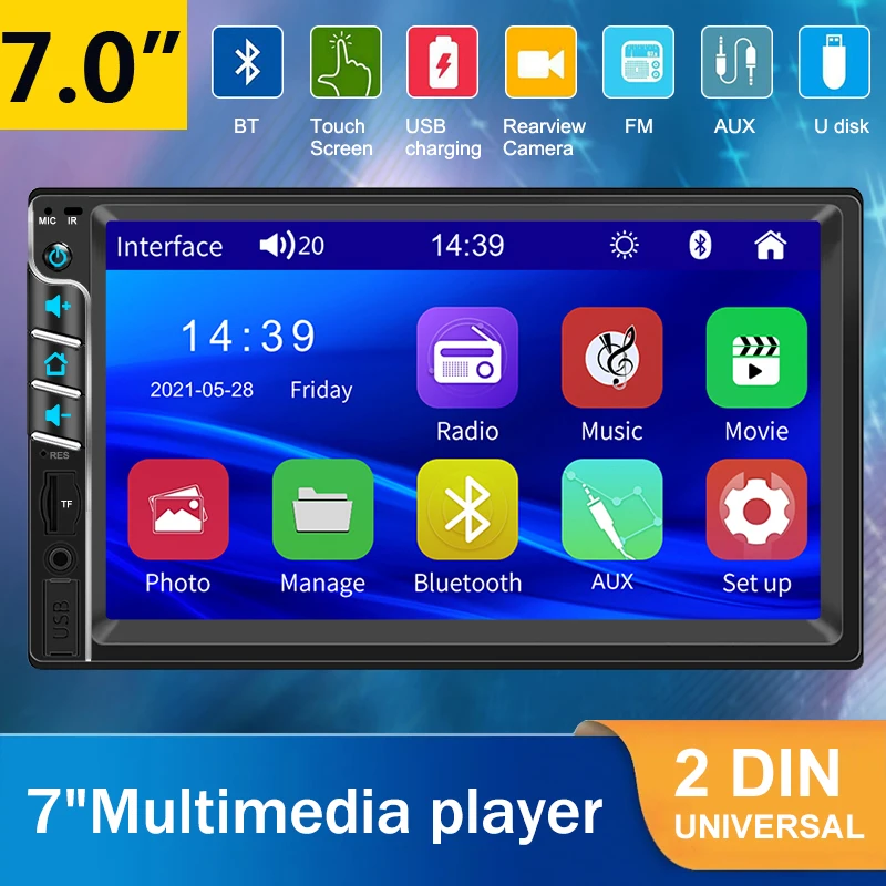 Universal 7 Inch 2Din Car Radio Multimedia Video MP5 Player Auto Audio HD Touch Screen Bluetooth Aux/USB/TF/FM Backup Camera