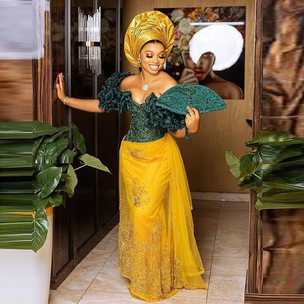 Охотничьи зеленые золотые длинные вечерние платья больших размеров с блестками Элегантные платья русалки для выпускного вечера с накладкой из тюля и аппликацией Вечернее платье