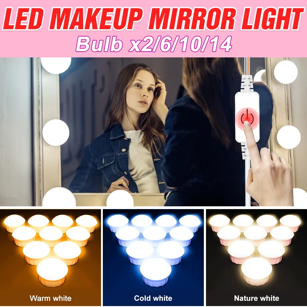 

Vanity Mirror Led Lamp Dressing Table Light Makeup Mirror Bathroom Make Up Light Bulb Room Decor Stepless Dimmable Simple Style