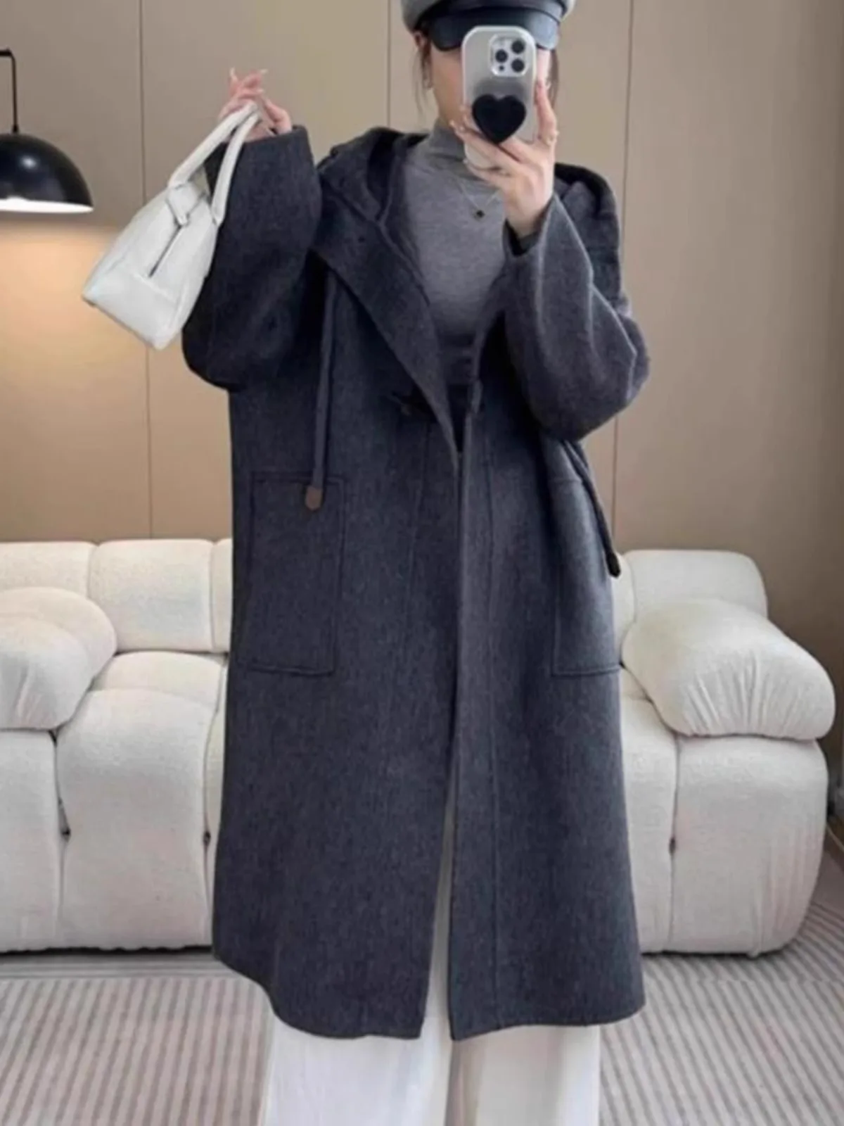 양면 카메라 오버니 코트 여성용 중간 길이 울 코트 한국 스타일 혼 버튼 후드 자켓 가을 겨울 신상...