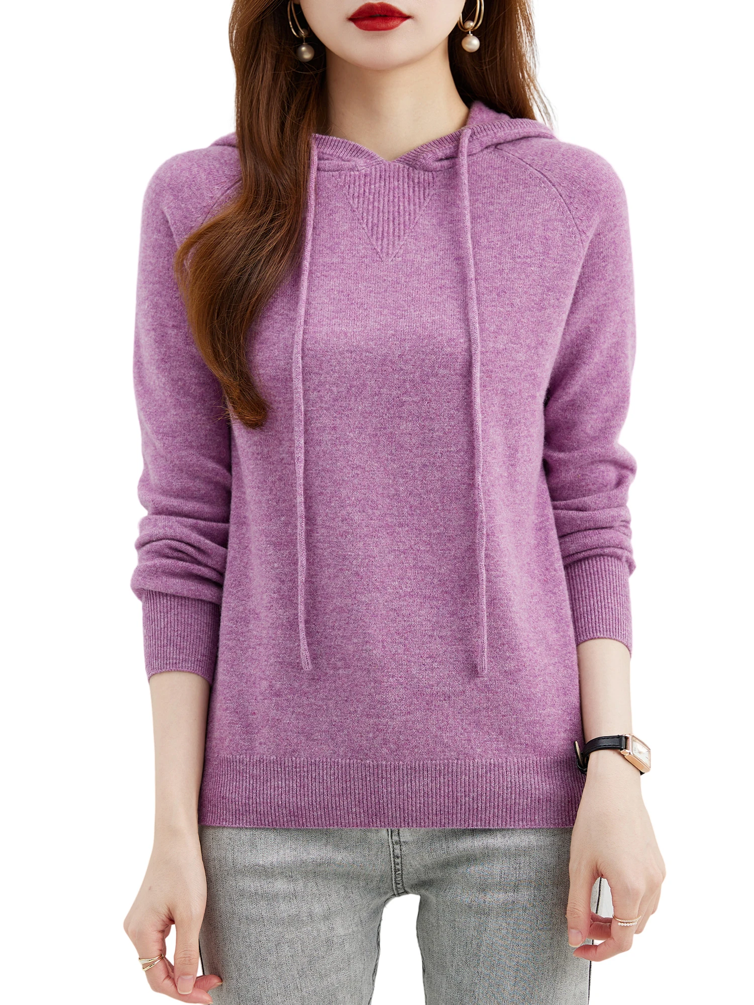 Suéter de manga comprida feminino 100% lã merino, moletom com capuz, tops quentes, pulôver de malha, roupa feminina, outono, inverno, 2023