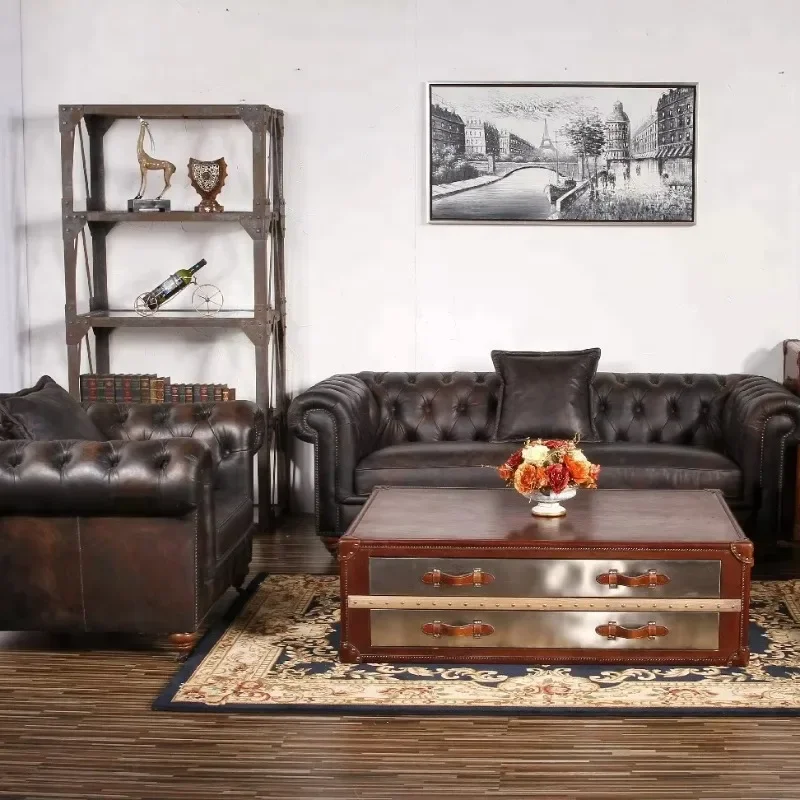 

Antique Leather Chesterfield Living Room Sofa Set Luxury