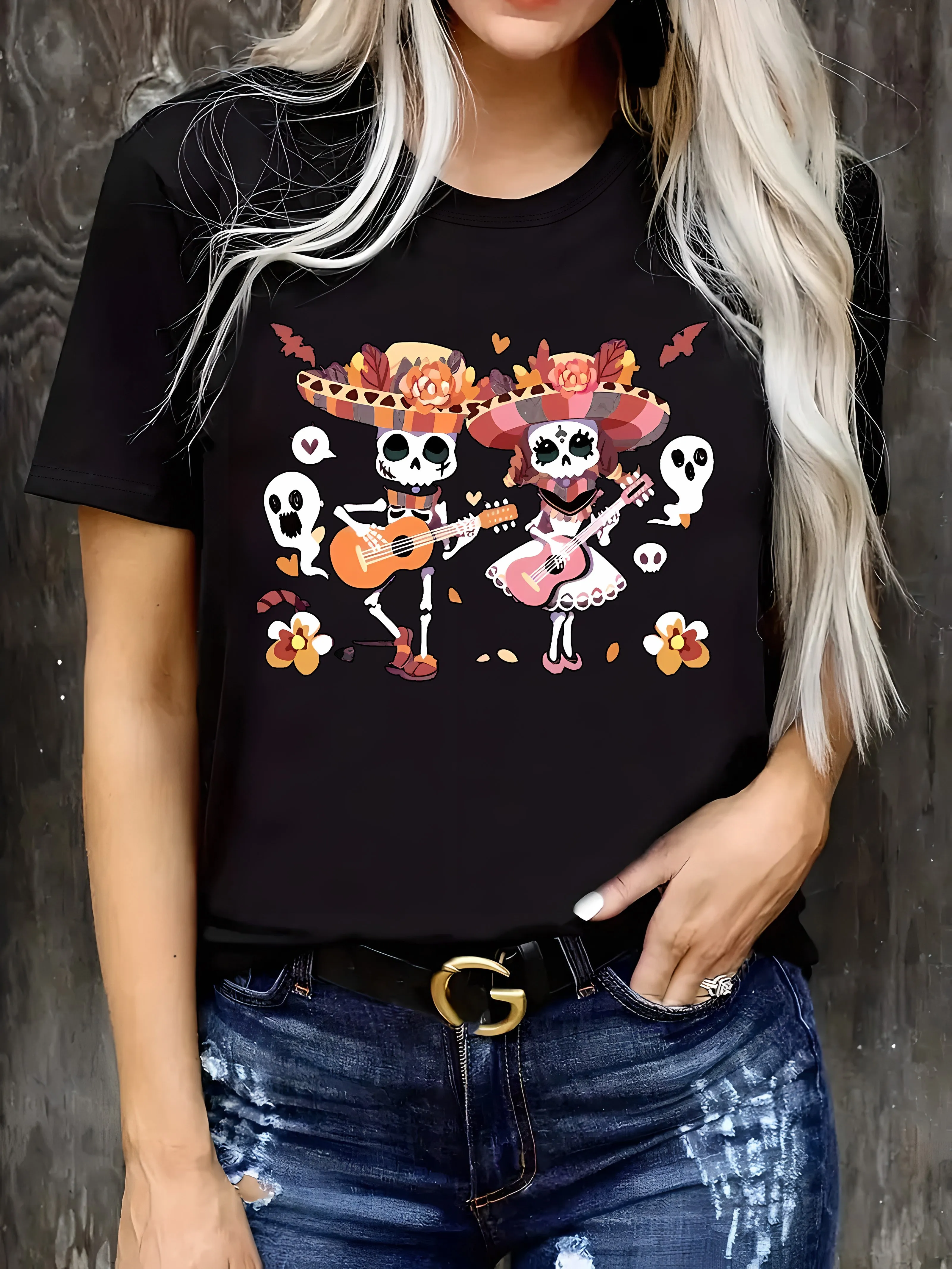 Women's Casual Round Neck Short Sleeve T-Shirt with Day of The Dead Print Skeleton Serenade Graphic T Shirt Clothes Female Y2k