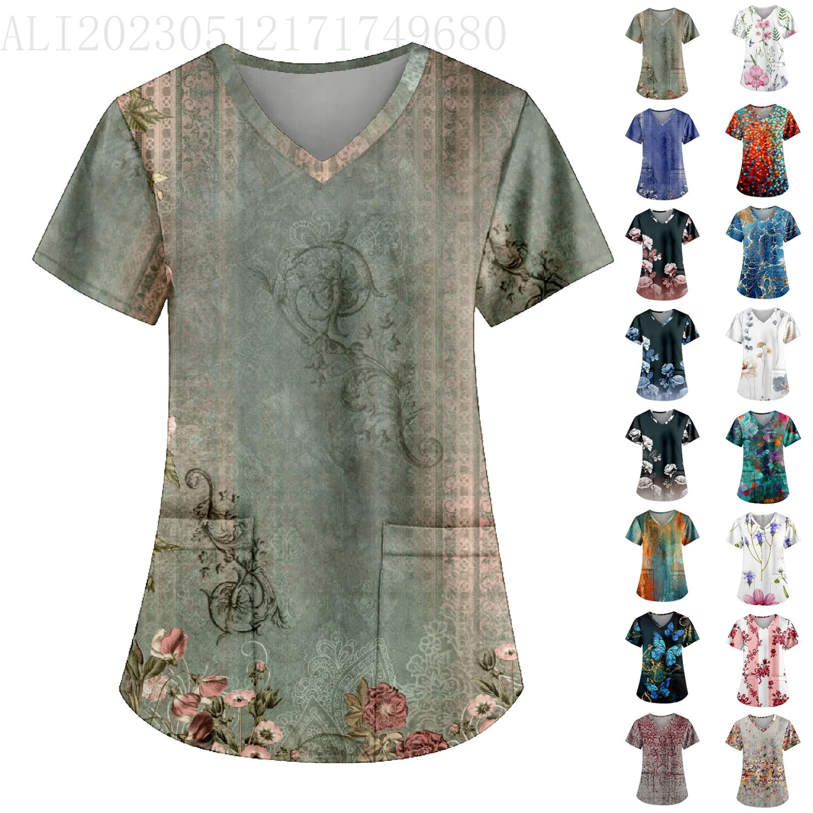 Women's Nurse Uniforms Fashionable Floral Printed V-Neck Work Uniform with Pockets Tee Shirt Short Sleeve Top 2024 New Summer