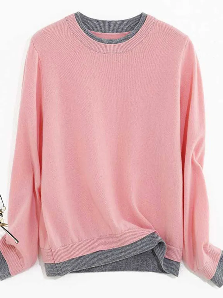 

Korean Sle round Ne Knitted Sweater Women's Loose Casual Color Blo Design Slimming Effectiven Fake Two-Piece Sweater