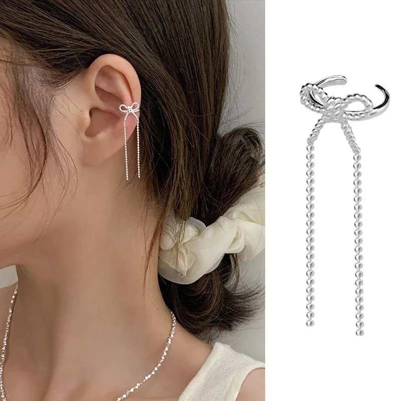 Clip de oreja de borla de cadena larga de cuentas de lazo dulce coreano para mujer, Simple y elegante, sin Piercing, accesorios de joyería diaria