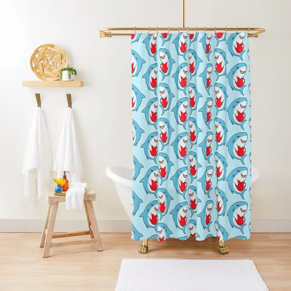 

Pattern of Cute Happy Blue Sharks Holding Red Hearts Shower Curtain Bathroom Shower Set For Bathrooms Curtain