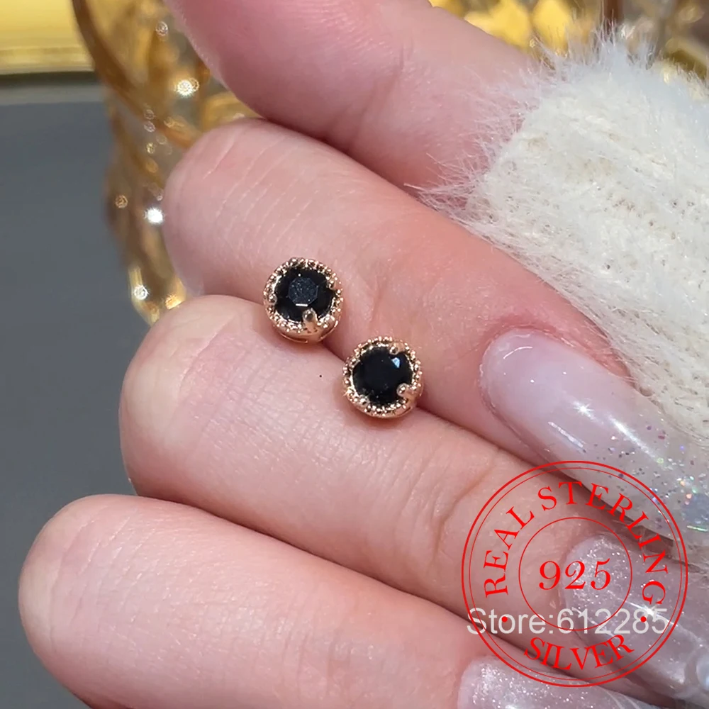 

925 Sterling Silver Jewelry 18K Gold Plated Black Zircon Stud Earrings for Women Wedding Party Jewelry for Girls Friend Gift