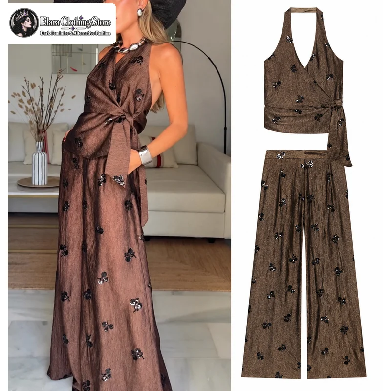 Women Elegant Bead Embroidered Pants Set 2026 Summer Trendy Halter Vest Wide-Leg Pants Lady High Street Holiday Pant Set