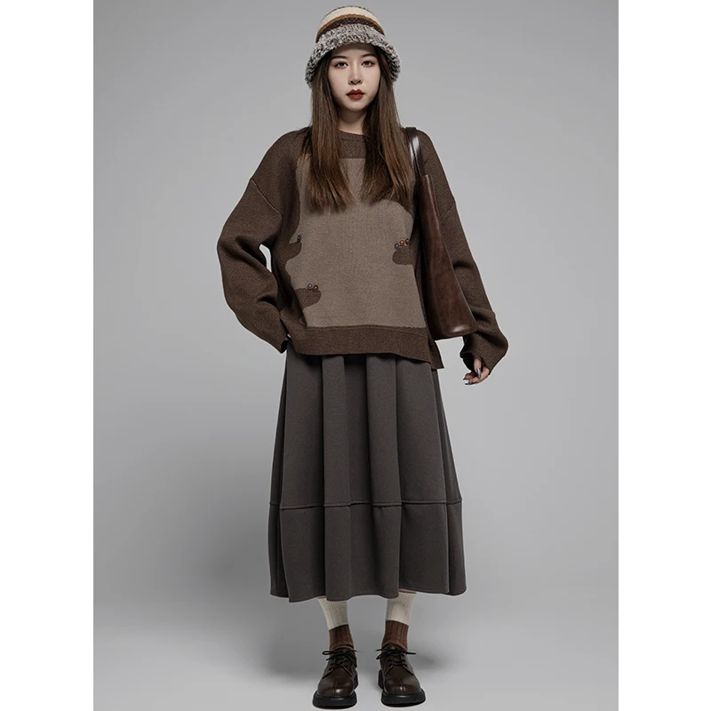 

Loose Fit round Ne Knitted Sweater Women's Sle Japanese Artistic Forest Girl Inner Wear Long Sve Autumn Winter irt