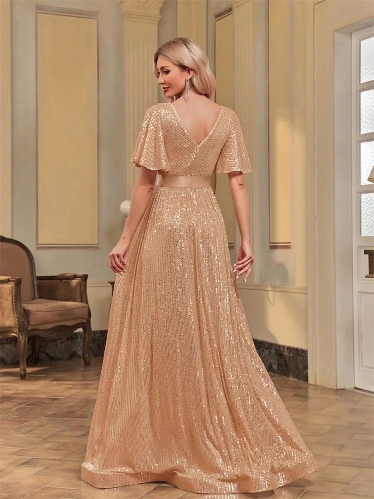 XUIBOL Elegant V Neck Short Sleeves Gold Evening Dresses Women Sequins Wedding Party A-line Prom Maxi Cocktail Dresses Gown