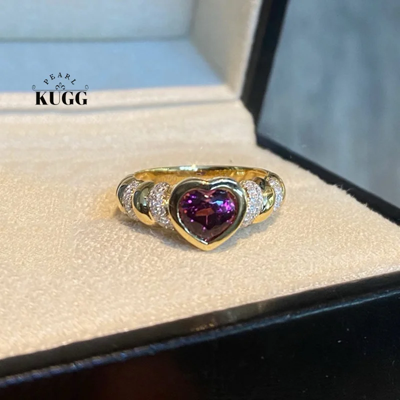 

KUGG 100% 18K Yellow Gold Rings Romantic Heart Shape Shiny Diamond Natural Tourmaline Ring for Women High Engagement Jewelry