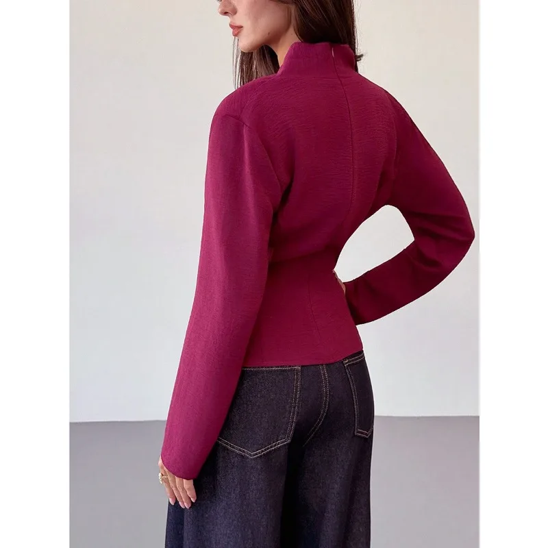 الخريف الفرنسية بلون قميص طويل الأكمام الخصر التخسيس الحرير الجليد التجاعيد قميص #4