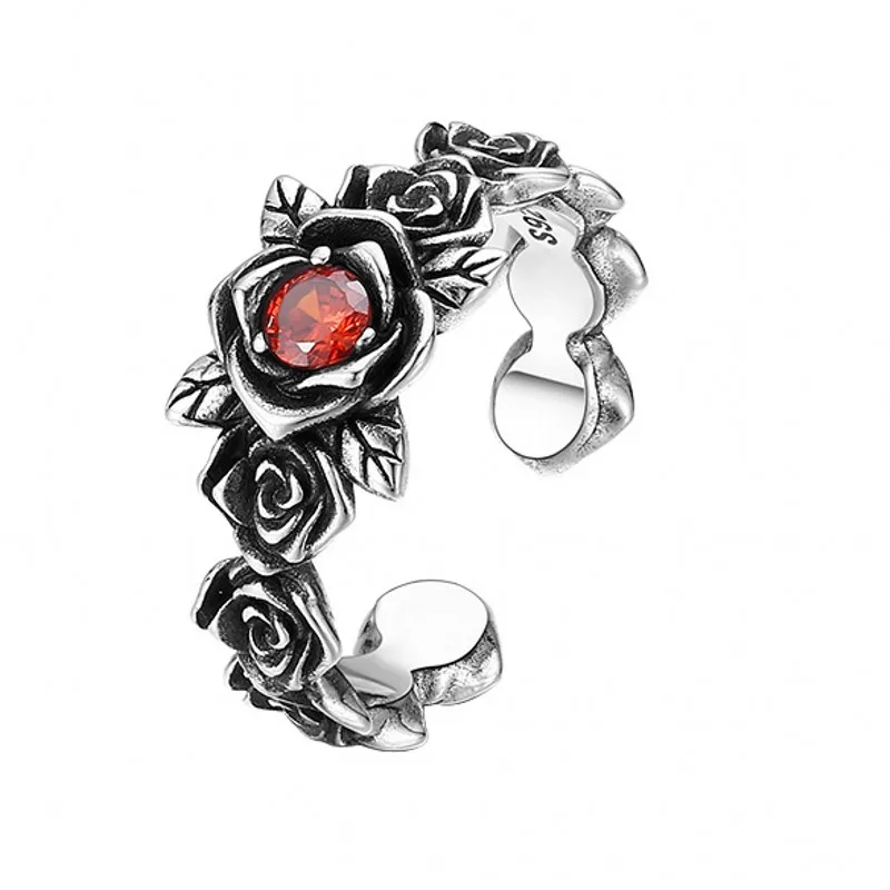 BOCAI New S925 Silver Retro Trendy Thorny Rose Adjustable Ring for Men and Women's Lovers Jewelry Accessories