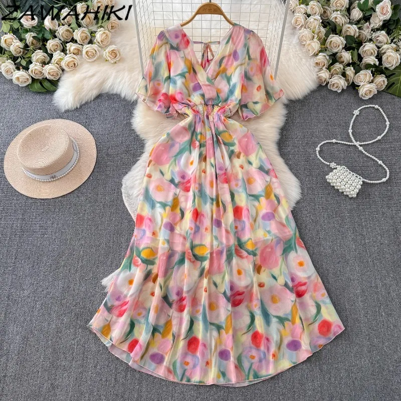 

Sweet Floral Women's Dress for Holiday Bandage Pleated Patchwork Vestidos Korean Office Lady Femme Robe Print Casual Ropa Mujer