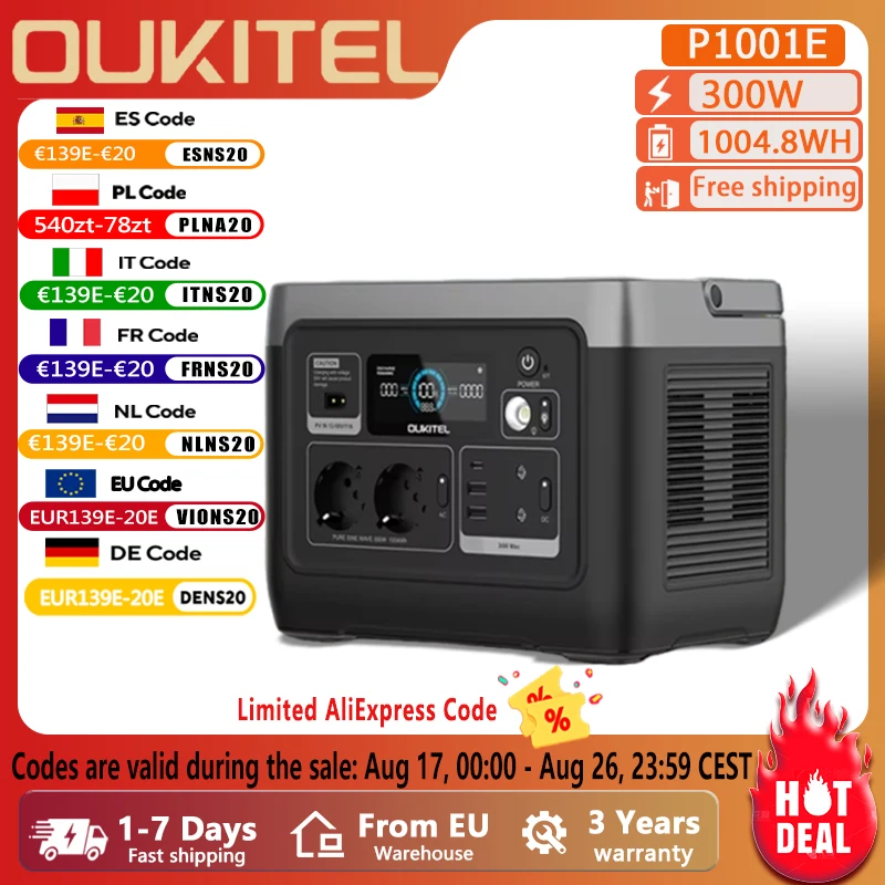 OUKITEL P1001E 1004.8Wh Portable Power Station | 300W(600W Peak) Pure Sine Wave 230V | UPS | LiFePO4 8000 Cycles | Solar Generator for Vanlife, Camping, Fishing & Home Emergency Backup