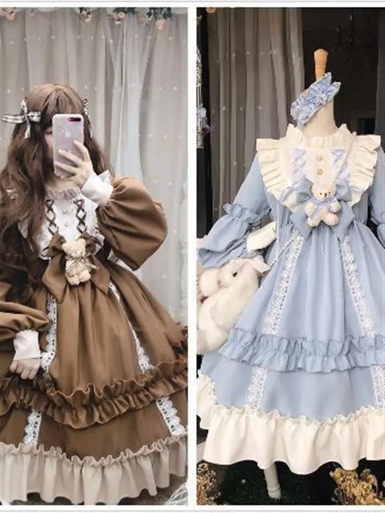 

Cute Lolita Student Dress Full Set Autumn Winter Long Sleeve Puffy Skirt Lantern Sleeve Splice Design Soft Girl Dress
