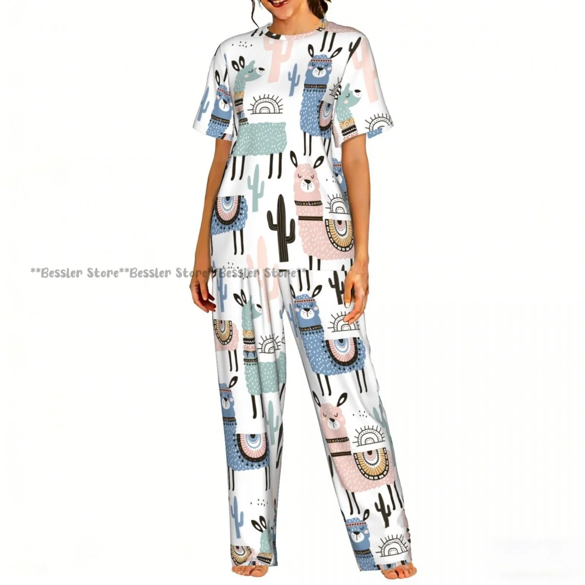 

Женский комплект из 2 предметов: пижама с милым принтом ламы и кактуса, топ с короткими рукавами и брюки, одежда для сна