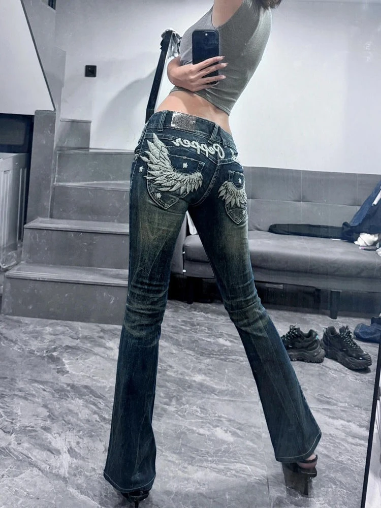 American Babes Subculture Low Rise Jeans Women Vintage Design Sense Wing Embroidery Slightly Flared Trousers Causal Long Pants