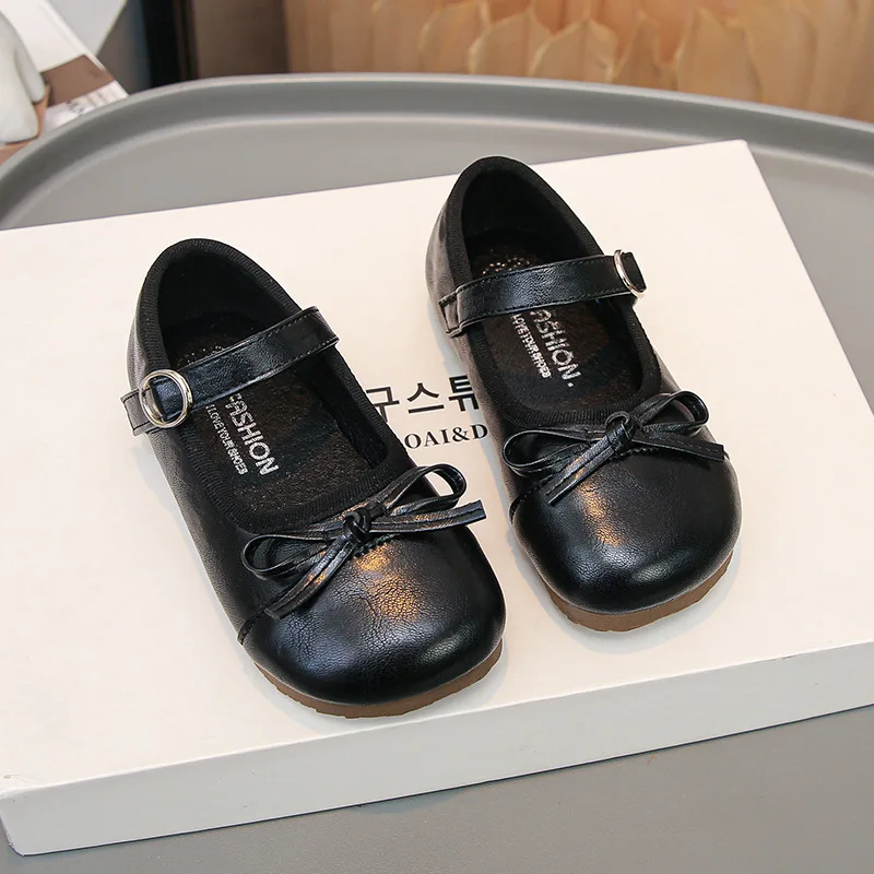 Mumoresip Kids Leather Shoes with Simple Bows Round Toes Children Flat Shoes Soft Bottom 2026 Brand New Children Flat Shoes