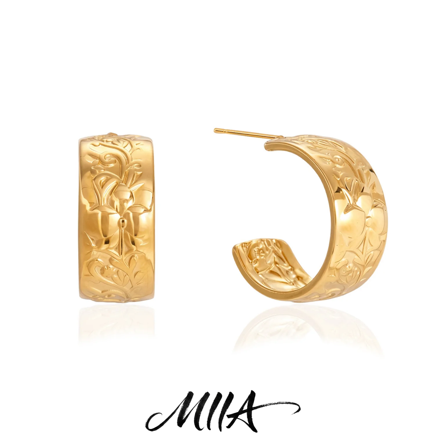 Miia Retro Style 18K Plated Gold Color Floral Texture C-Ring Hoop Earrings Men Women Stainless Steel Earring Lady Jewelry