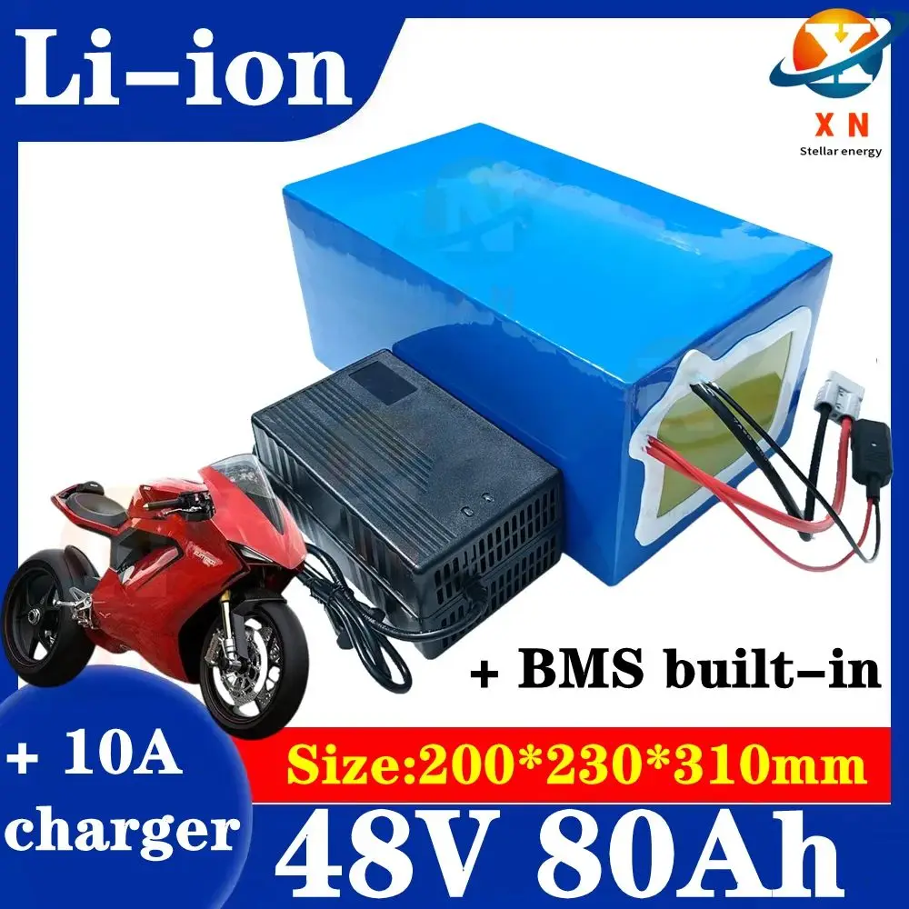 Batterie VEFEPO4 de 48V et 80Ah avec BMS 16S et Chargeur 10A, pour Système Solaire de Scooter et Vélo de 4000W et 3000W