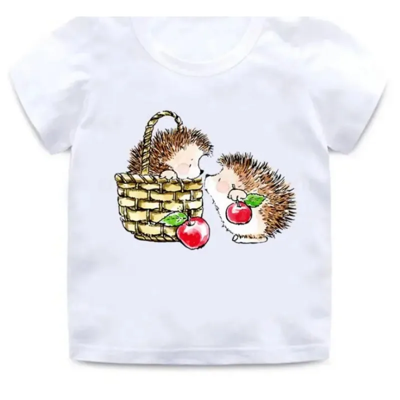 Unisex Hedgehog impressão manga curta t-shirt, bonito animal desenhos animados Tops, moda verão, meninos, meninas, crianças, venda quente