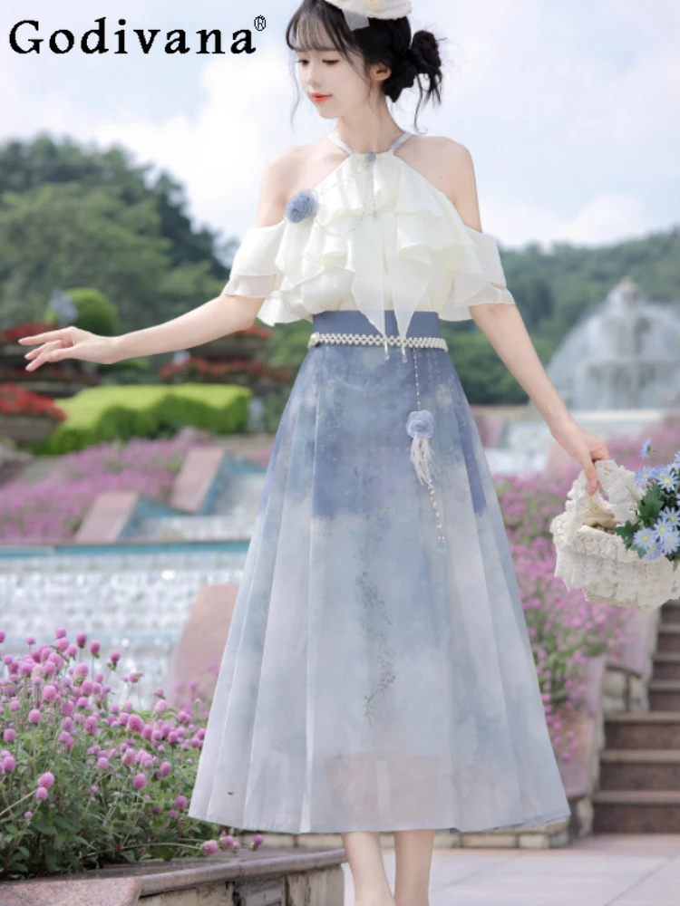 

Spring Autumn Elegant Lolita Chinese High Waist Fashion Versatile Princess Skirt White Sweet Ruffles Off-Shoulder Fairy Shirt