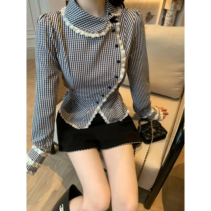 Women Plaid Blouse Doll Collar Lace Trim Oblique Button Long Sleeve Shirt Slim Fit Waist Design Top For Early Autumn