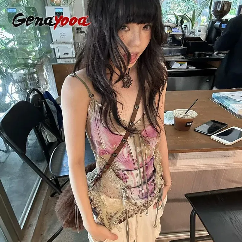 Genayooa Gothic Tank Tops Women Sleeveless Tie Dye Y2k Vintage Crop Tops Streetwear 2000s Japanese Lace Up Camis E-girls Summer