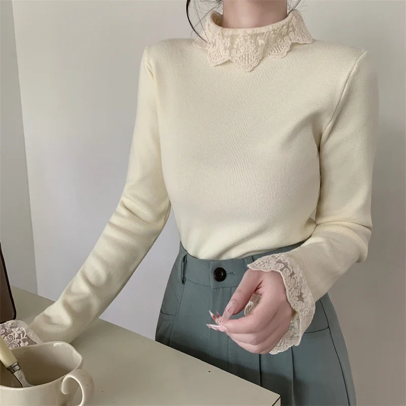 Turtleneck Knitwear Women Sweater Autumn Winter Lace Patchwork Pullover Long Sleeve Korean Casual Bottom Knitted Tops