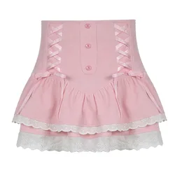 Pink Lolita Mini Skirt for Women, Sexy Irregular Strap, Dark Lace Patch, Pleated Skirt, Casual High Waist, Bandage, Gothic Dress