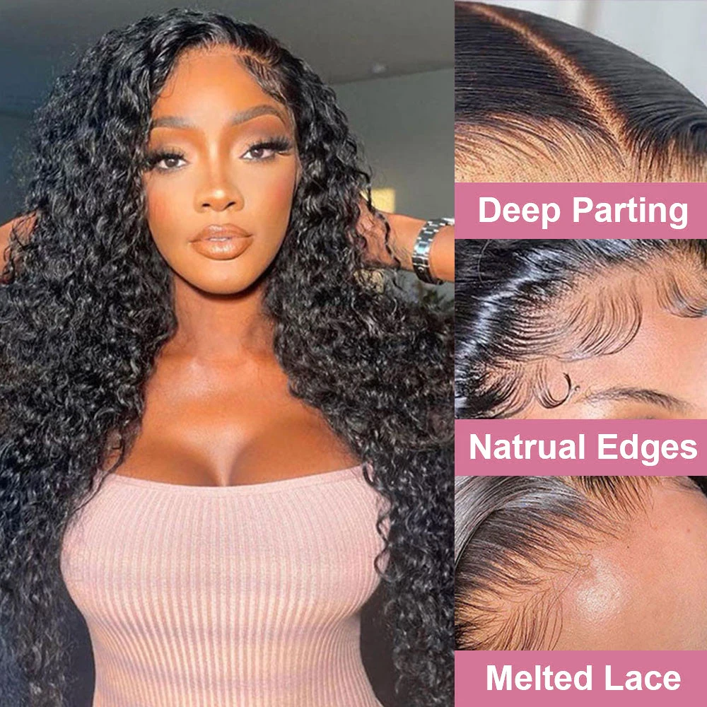 Perruque Lace Closure Wig sans colle brésilienne naturelle, cheveux bouclés, pre-plucked, Deep Wave, 13x6, prêt à porter, en vente