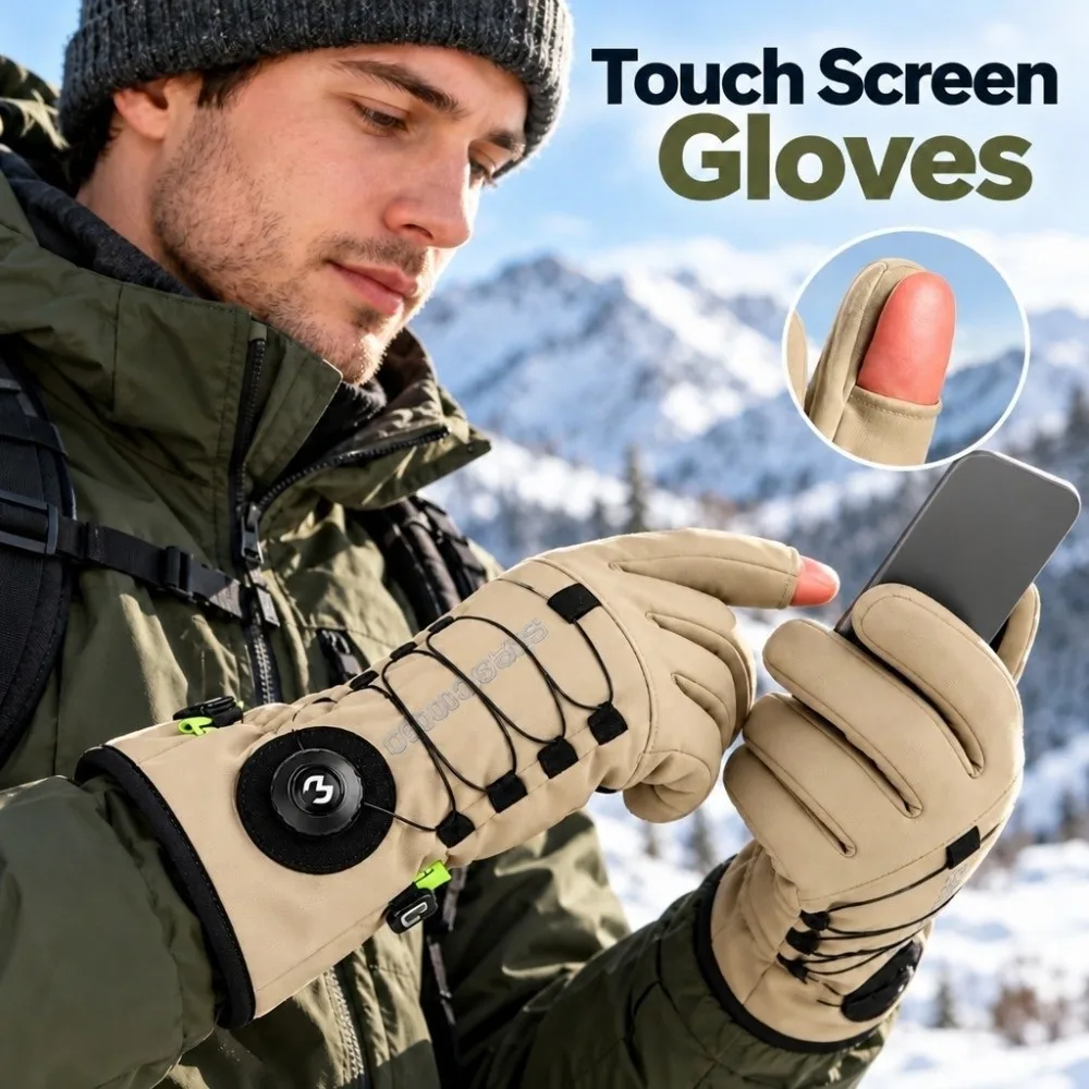 1pair Fleece Lined Cycling Gloves Thermal Warm Waterproof Windproof Skiing Gloves Anti-Slip Adjustable Rotary Buckle