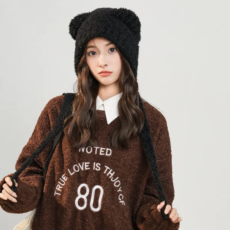 Y2K Beanie Hat Cute Bear Ear Knitted Cap with Long Strap Japanese Niche Cool Hip-hop Cap Winter Ear Protection Hat for Women