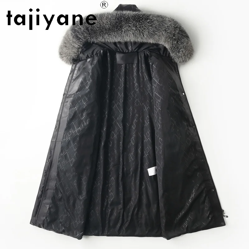 TAJIYANE 100% معطف نسائي من جلد الغنم بقلنسوة سترة طويلة من الجلد الطبيعي معاطف بياقة من فرو الثعلب 2025 ملابس نسائية شتوية