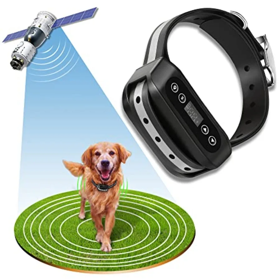 GPS Wireless Dog Fence System for outdoor pet containment, waterproof rechargeable collar receiver, black, electric satellite t