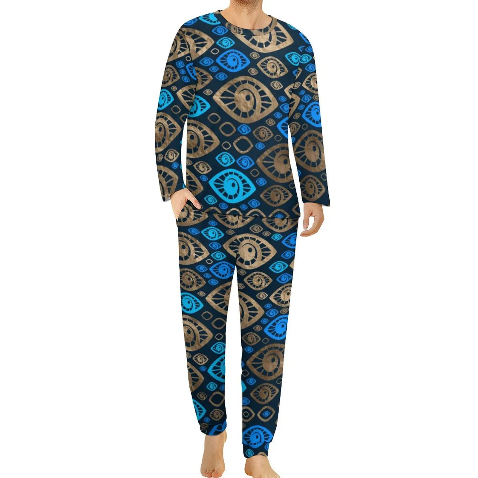 

Greek Evil Eye Pajamas Spring Blues and Gold Print Casual Nightwear Man 2 Pieces Pattern Long-Sleeve Lovely Big Size Pajama Sets