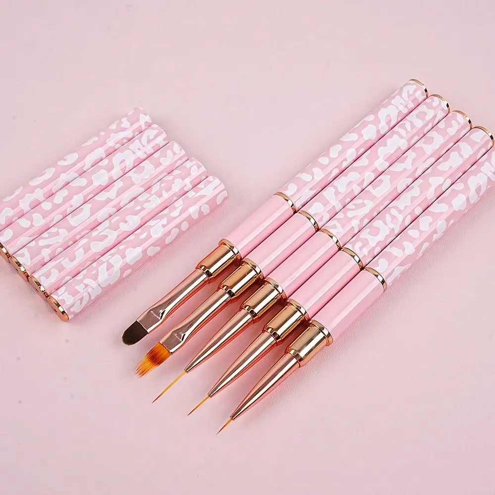 

Pink Milk Pattern Dual-Ended Nail Art Brush Set - 5pcs Professional Double-Ended Nail Brush Kit With Metal Cap, Nylon Bristles & Gel Builder For 3D Manicures, Salon & DIY Nail Designs, Nail Tech Accessories, Manicure Tools, Elegant Brushes, Metallic Cap