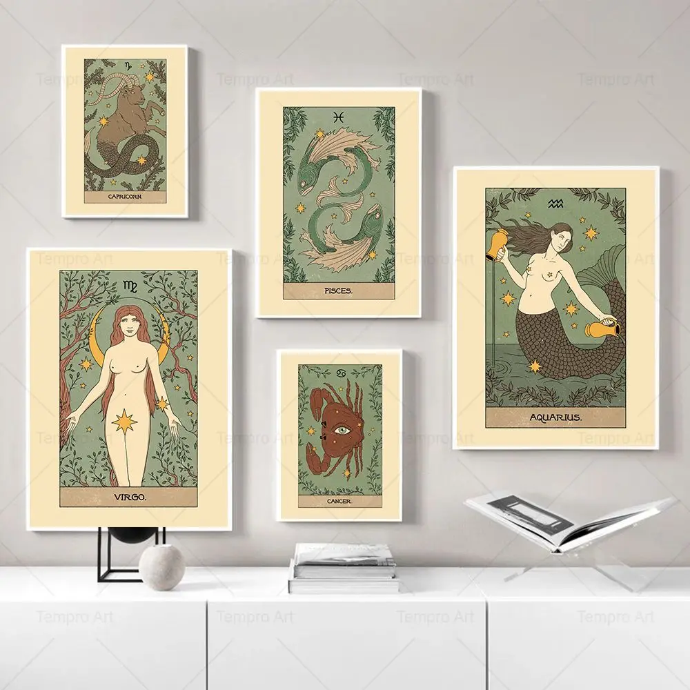 

Boho Zodiac Vintage Poster Constellation Print Aquarius Scorpio Wall Art Canvas Painting Wall Picture For Living Room Home Decor