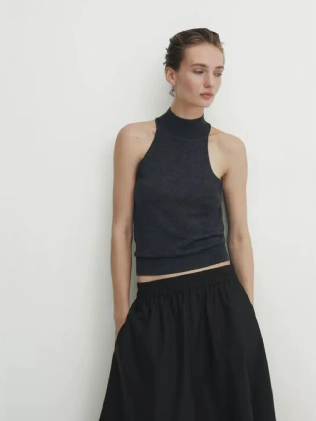 

Женский вязаный жилет MD с высоким воротом, новинка ранней осени 2023, простой, сексуальный, стильный, однотонный, женский свитер