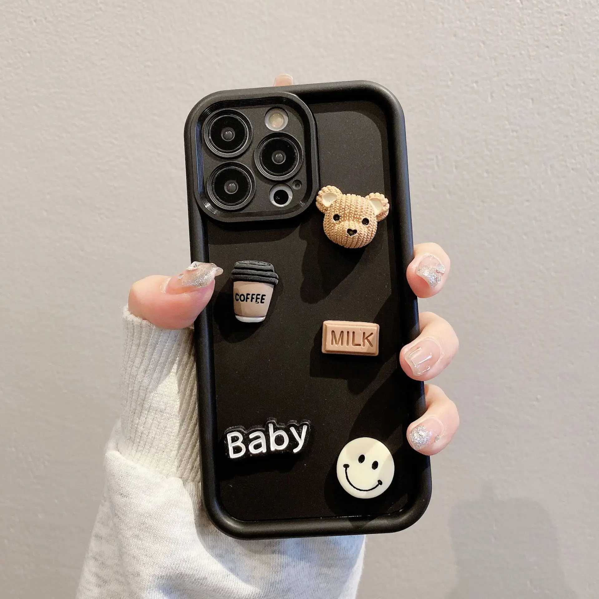 Cute 3d Cartoon Stereo Doll Bear Girl Couple Phone Cover Case For Iphone 15 14 13 12 11 Pro Max Pure Colour Soft Coque Fundas image 3