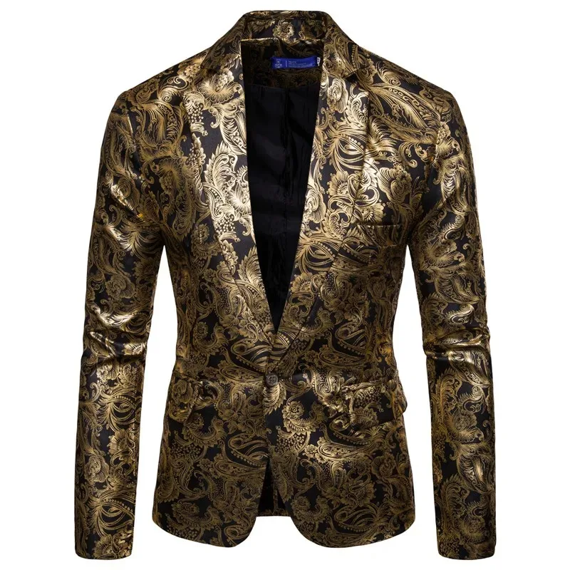 New Men\'s Slim Long-sleeved  Fashion Suits Shiny Bronzing Printed Suits Groomsmen Dress Jackets