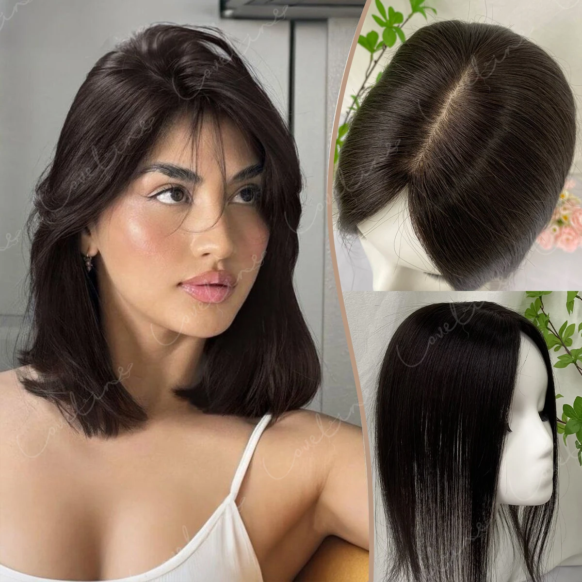 本物の人毛ヘアピース-12インチ-ストレート-クリップ式ヘアピース-薄毛女性用-自然な生え際
