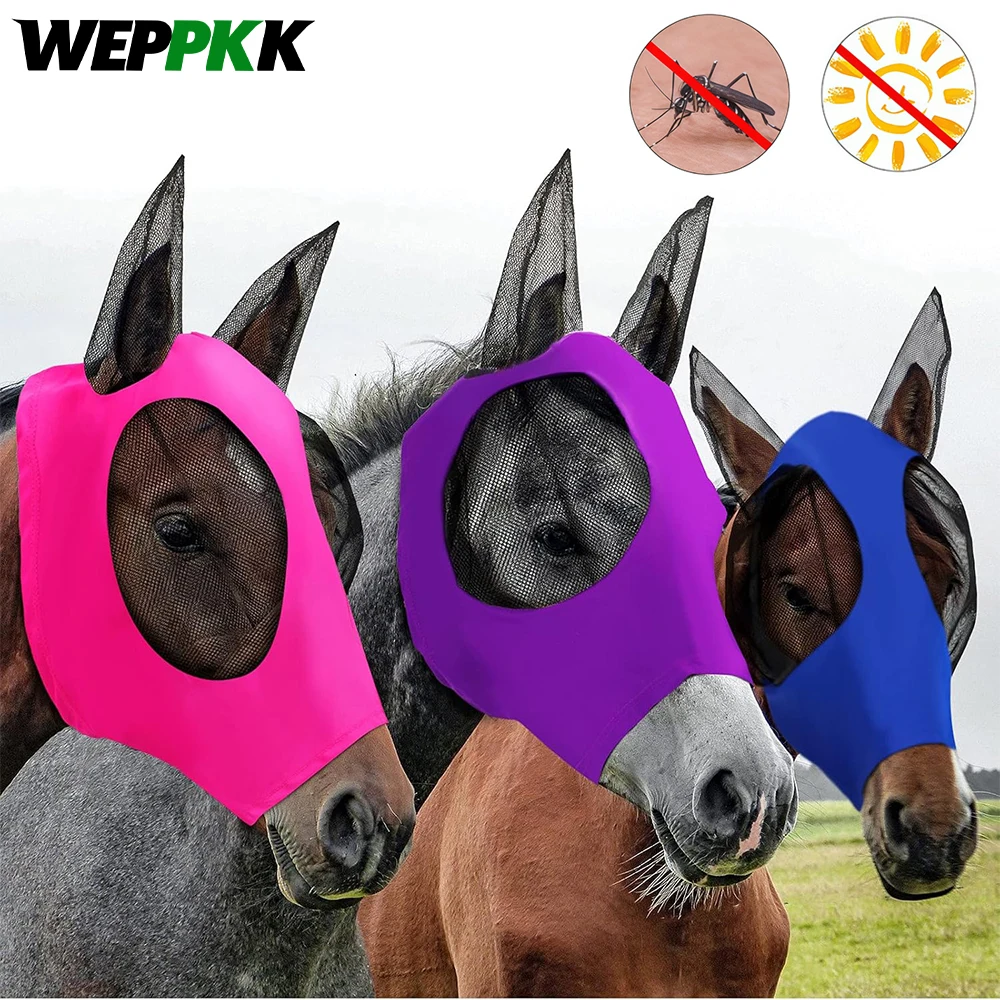 1Pcs Horse Fly Mask with Ears,Breathable Mesh Eye Cover,UV Protection Anti‑Fly Full Face Horse Mask,Soft Elastic Protective Mask